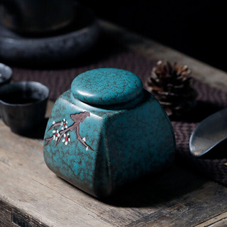 领艺茶叶罐陶瓷普洱茶密封罐家用手绘储物罐 约可装红茶110g 青梅罐(方)小号