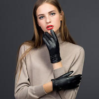 百尚意特 女士皮手套 冬加绒加厚保暖可爱时尚蝴蝶结薄款 触摸屏手套 黑色均码 BPF027