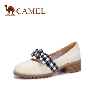 骆驼（CAMEL） 女士 甜美格纹蝴蝶结牛皮低跟单鞋 A91027626 米白/花 34