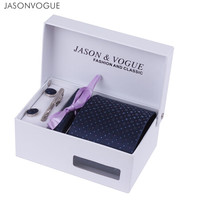 JASONVOGUE 杰尚维格 男士领带9cm加宽 商务正装四件套领带夹袖扣口袋巾婚礼新郎领带礼盒装 藏青细点A51