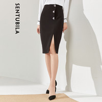 尚都比拉开叉包臀裙女2019女装新品高腰单排扣百搭半身裙 193Q1826284 黑色 S