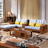 中伟实木沙发组合转角带中柜布艺沙发现代简约新中式沙发含茶几340*185*80cm/胡桃色#810