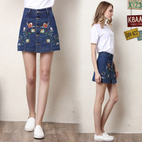 AUDDE 翱笛 夏季新款女装新品刺绣牛仔短裤裙女半身裙排扣A字中腰裙裤绣花裙子 zxALDTY-680 深蓝色 L码