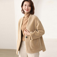 BANDALY 2019秋冬季新品女装毛呢大衣女宽松短款颗粒绒外套V领韩版羊剪绒 GZHB999655 贡米色 XL