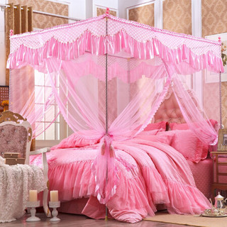 迎馨 床品家纺 蕾丝宫廷式三开门蚊帐 加粗加高不锈钢支架 1.8米床粉色