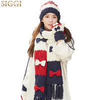 Siggi CM88232 帽子围巾手套三件套女秋冬天韩版潮可爱蝴蝶结加绒保暖套装 藏青系 帽宽20CM