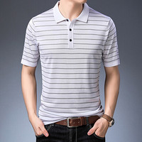皮尔卡丹夏季男士短袖T恤薄款翻领时尚针织条纹显瘦短袖上衣T恤白色 L