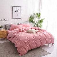 居逸生活 纯棉四件套 全棉套件床上用品 1.8米床纯棉水洗素色四件套 床笠款粉色