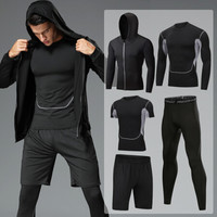 徽昂 运动套装男士健身瑜伽服紧身衣速干跑步训练篮球服拼灰黑5件套XXL