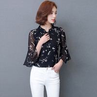 米兰茵（MILANYIN）女装 2019秋季七分袖女时尚气质雪纺衫喇叭袖上衣柔美雪纺衬衫 MLYH687 黑色 XXL