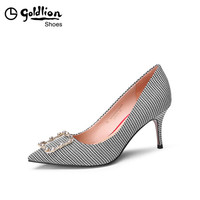 金利来（goldlion）女士尖头气质韩版水钻方扣细高跟单鞋69683002420O-黑白色-35码