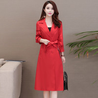 沫欣 风衣女2019秋冬新品气质通勤中长款宽松显瘦阔太太纯色方领系带收腰风衣大外套 KKHYXB8108 红色 2XL