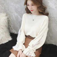 JOY OF JOY 2019秋季新款蕾丝喇叭袖长袖套头紫色针织衫罩衫女装甜美宽松上衣 JWMY188440 白色 均码