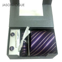 杰尚维格(JASONVOGUE)男士正装9CM宽商务领带套装 结婚新郎领带袖扣口袋巾领带夹 礼盒装 P041暗紫条纹