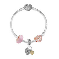 PANDORA 潘多拉Rose系列粉色闪烁琉璃珠爱之锁心心相映串饰925银手链 XZT0083-18