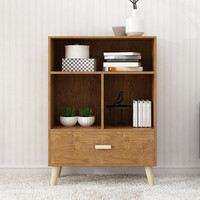PULATA 普拉塔 书架 书柜北欧简约落地实木腿带抽屉书橱多功能储物简易柜子三层四格文件柜樱桃木色PLT9124