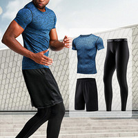 范迪慕 运动套装男士健身服紧身速干透气吸湿排汗跑步篮球套装健身衣男 FNZ9001-蓝色-短袖三件套-L