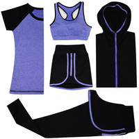 潮流假期 瑜伽服套装女修身显瘦健身跑步运动训练服健身房速干瑜伽长裤短袖套装 YD20199-黑拼紫色-外套五件套-XL
