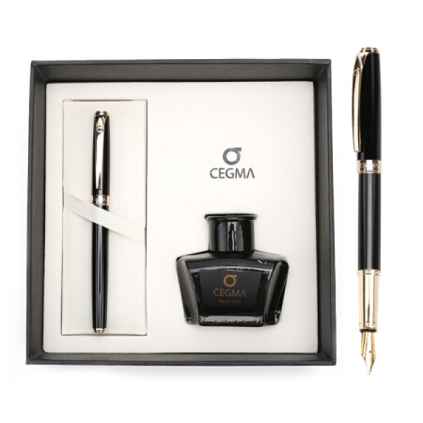 晨光(m&g)希格玛系列f/明尖黑色金属钢笔墨水笔套装(1支钢笔 1瓶墨水