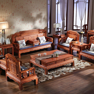 粤顺红木沙客厅花梨木家具 中式古典 实木沙发 缅花沙发 10件套 H208