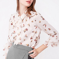 一塘晨2019秋季新款女装简约领口系带装饰碎花图案荷叶袖设计小清新衬衫 S91R1452CA28L 花色L