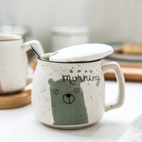 瓷魂 创意时尚陶瓷卡通杯情侣马克杯带盖勺水杯子清新可爱牛奶咖啡杯 萌萌动物 灰色小熊