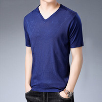 皮尔卡丹T恤男夏季短袖提花V领纯色套头商务休闲短袖打底衫上青 XL