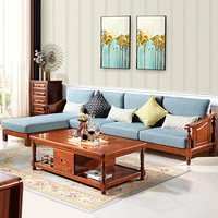中伟实木沙发组合转角布艺沙发现代简约新中式沙发含茶几340*180*95cm/胡桃色#812