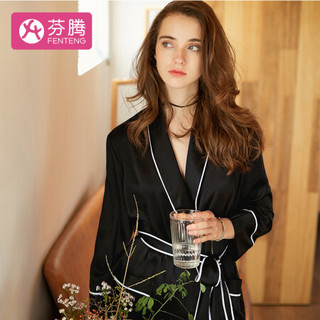 芬腾 真丝睡衣女2018春夏长袖纯色时尚两件套家居服套装女J8910941 黑色 L