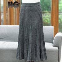HG羊毛百褶针织裙女秋半身裙长款中年过膝宽松妈妈高腰毛线裙 灰色银丝 均码