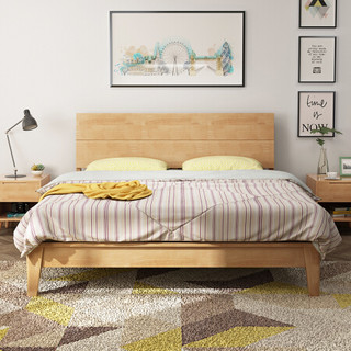 摩高空间北欧实木床现代简约卧室家用1.8米双人人框架床-原木色TB08