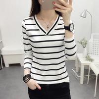AUDDE 2019秋季新款女装新品T恤女时尚上衣百搭V领条纹修身长袖打底衫 zx1A041-7175 白条纹 2XL
