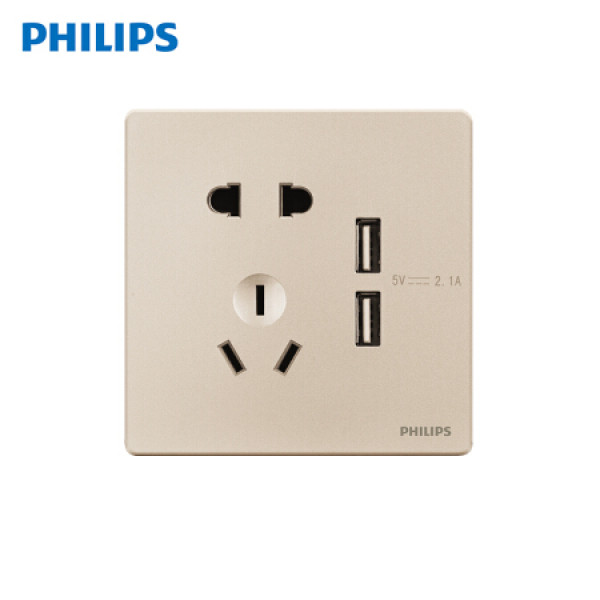 商品飞利浦(philips)开关插座 昕绎一位二三极插座 双usb 香槟金
