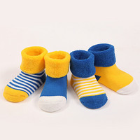 馨颂婴儿毛圈袜四双装秋冬宝宝新生儿保暖袜子套装 黄色 12-14(S)(0-6个月)