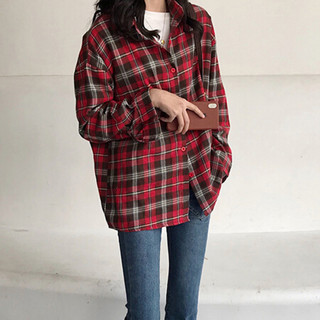 朗悦女装 2019秋季新款长袖衬衫女学生韩版宽松复古格子衬衣 LWCC191190 红色 XL *5件