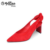 金利来（goldlion）女士尖头粗高跟反绒皮后空凉鞋61291000380P-红色-35码