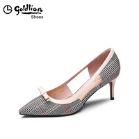 金利来（goldlion）女士尖头优雅格子布拼接侧空单细高跟鞋61991006021P-米白-38码