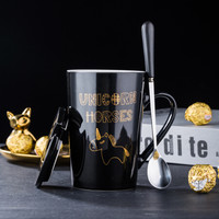 瓷魂 创意陶瓷杯马克杯杯子带盖带勺可爱咖啡杯 黑色独角兽金边