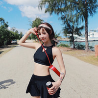 亦美珊 YI MEI SHAN泳衣女分体式 小胸聚拢 显瘦学生保守温泉韩国裙式黑色性感游泳衣 YMS188092 黑色 L