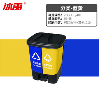 冰禹 BY-3040  垃圾桶 塑料 分类脚踏式 户外环卫连体 双垃圾桶 上海分类垃圾桶20L蓝黄款
