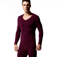 韩彩（HACAI）男士保暖内衣V领氨纶双面布保暖内衣套装 深紫 175\100(XL)