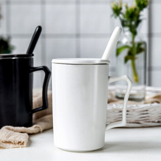 瓷魂 创意时尚礼品陶瓷马克杯情侣咖啡杯牛奶杯个性杯办公杯带盖带勺水杯子 旋角 白色