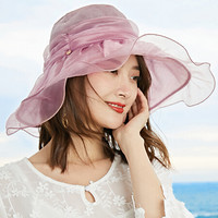 兰诗雨M0391遮阳帽子女夏雪纺防晒大沿沙滩可折叠太阳帽 浅粉色