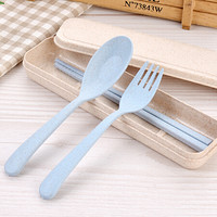 欣沁创意旅行勺子筷子叉子 小麦秸盒儿童可爱学生便携餐具三件套装北欧蓝