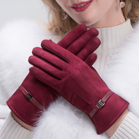 BETONORAY 北诺 手套女冬季双层加绒触屏防滑开车骑行简约时尚保暖女士手套 小皮扣款 酒红色