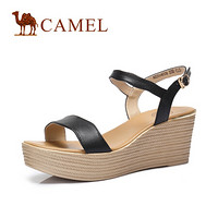 骆驼（CAMEL） 女士 柔软牛皮复古坡跟搭扣凉鞋 A825046160 黑色 37