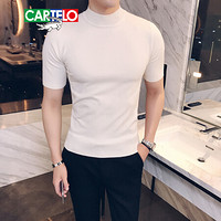 卡帝乐鳄鱼（CARTELO）短袖针织衫男半高领纯色休闲毛衣2019年秋季新款轻薄保暖打底衫修身线衣 白色 M