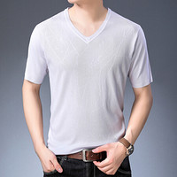 皮尔卡丹T恤男夏季短袖提花V领纯色套头商务休闲短袖打底衫白色 M