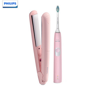 飞利浦(PHILIPS) “净”情闪耀粉色套装 声波震动牙刷+迷你卷直发器 送女友表白女友