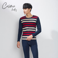 都市丽人保暖内衣套装男士 2019秋冬新款条纹长袖棉质圆领保暖套装4W6102 宝蓝撞红 XXL